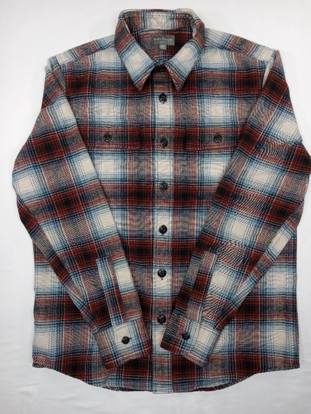 LL Bean Signature Mens Medium Regular Slim Fit Chamois Cloth Plaid Shirt Red Blu